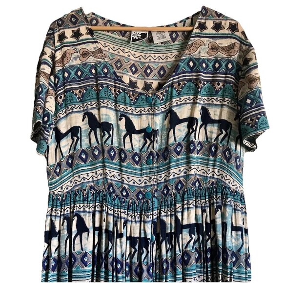 Vintage Phool Maxi Dress South West Folk Horse Print Indian Broomstick Button‎ M - Picture 3 of 9